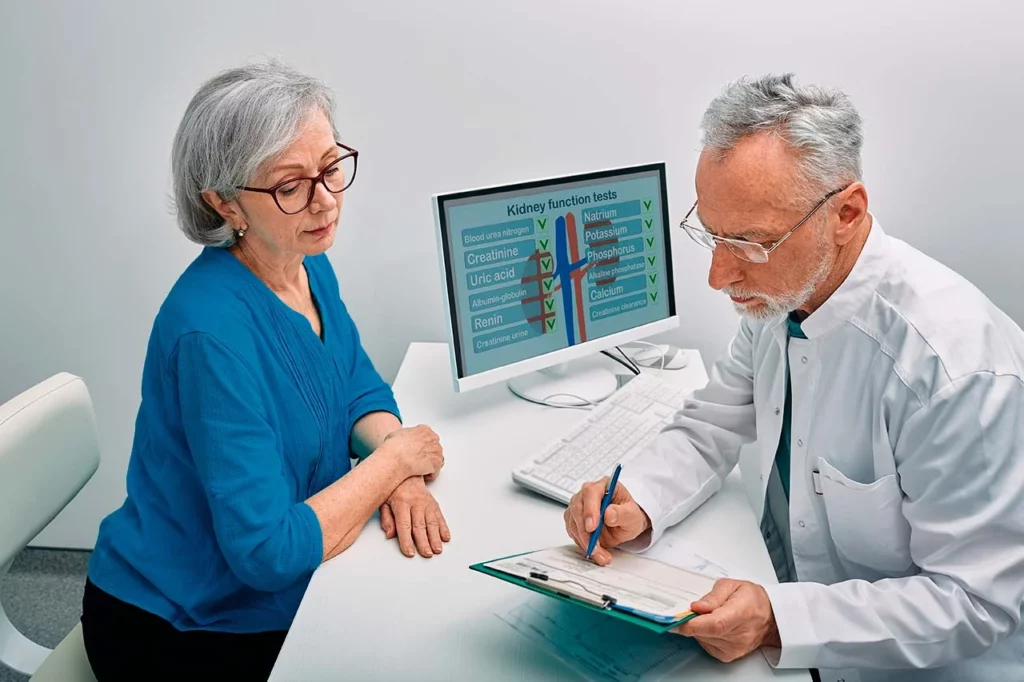 Mujer en consulta de uroginecología, dando sus respuestas a las preguntas que realiza su médico.