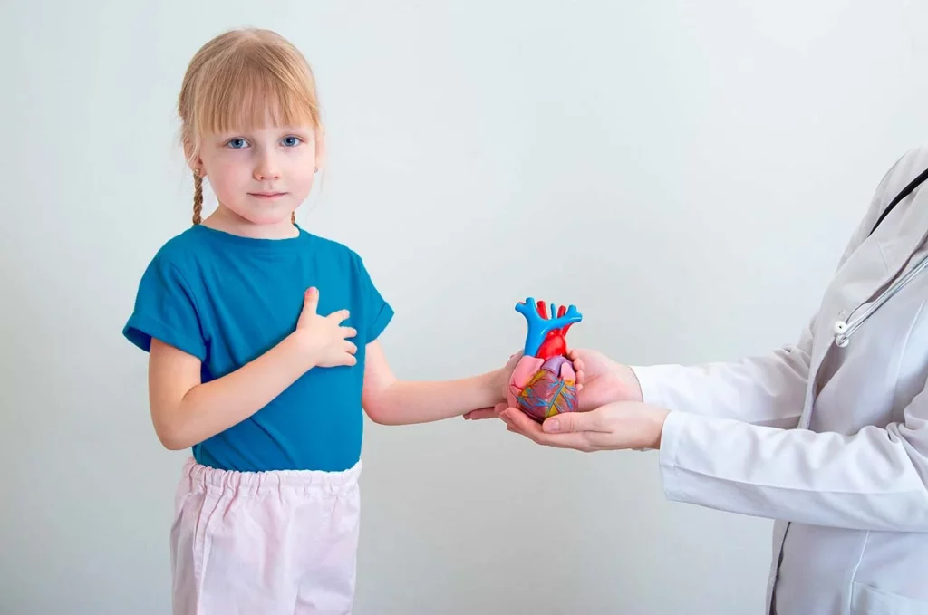 Niña tomando un modelo de corazón de las manos de su médico después de que se realizó una ecocardiografía pediátrica.